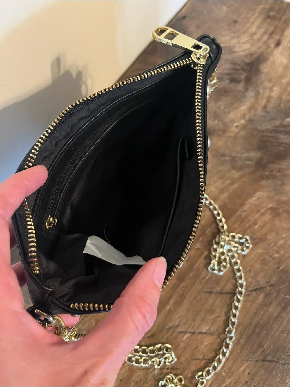 Madden Girl Black Faux-Leather Crossbody with Pearl Studs and Gold Chain